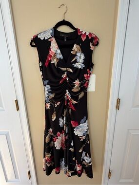 White House Black Market Black Floral Midi Dress with Red and Cream Blooms